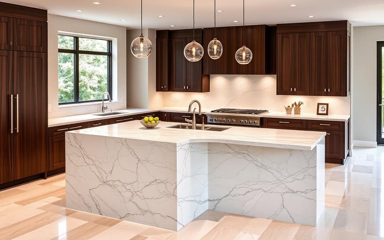 Contemporary kitchen island with waterfall edge porcelain