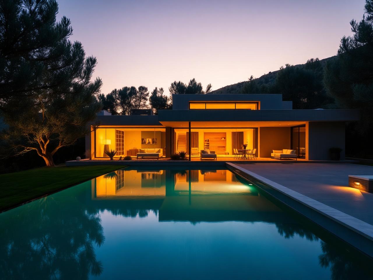 Modern villa at dusk