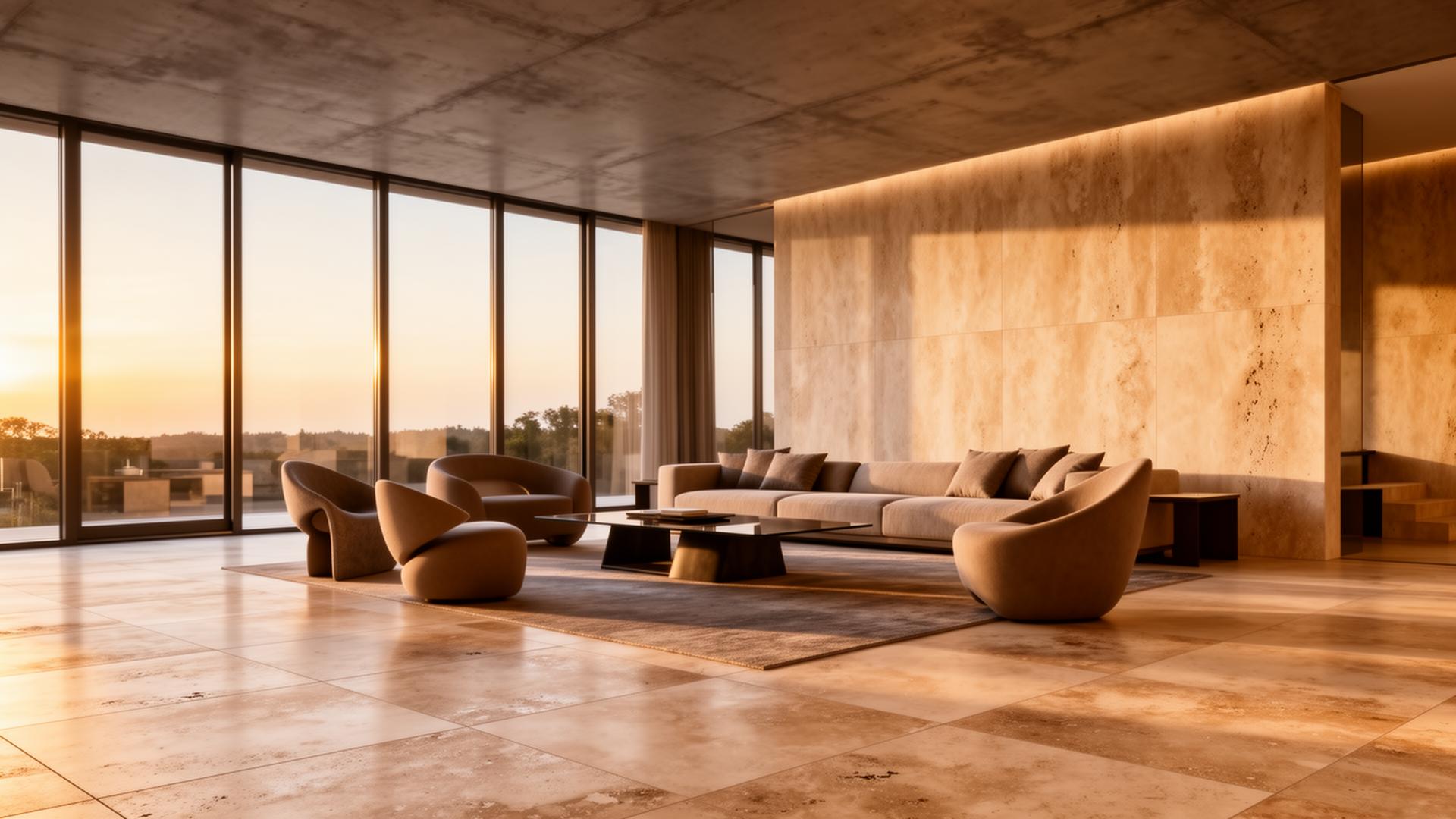 Modern architectural living room with travertine surfaces